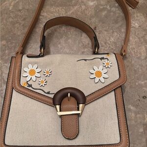 Floral Embroidered Tan and Cream Handbag